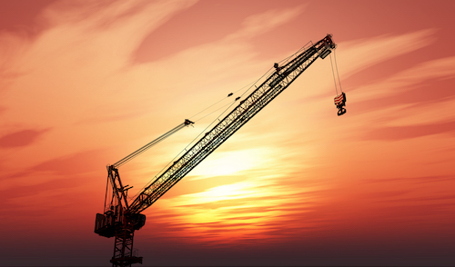 3D crane against a sunset sky